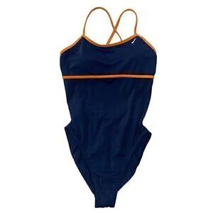 Nike Women Swimsuit Navy Orange Thin Straps Removable Pads Back Hook Stretch 12